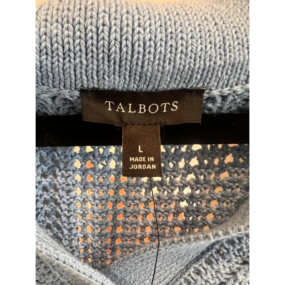 Talbots Light Blue Pointelle Stitch Open Knit Polo Sweater Womens L NWT